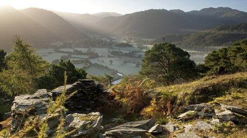The view from Castle Crag with remnants of the slate quarry in the foreground, Borrowdale, Lake District, Cumbria
